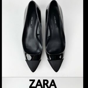 ZARA Black Patent Block Heel Cap Toe Size 5